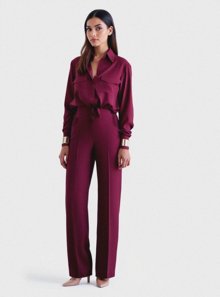 Spodnie burgundowe damskie NOORE SENSU Blask Poranka – eleganckie z kantem, tkanina twill, kieszenie w szwach biodrowych