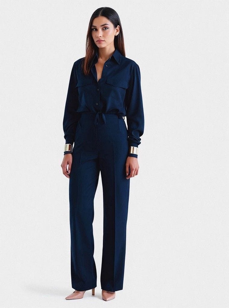 Spodnie granatowe damskie NOORE SENSU Blask Poranka – eleganckie z kantem, tkanina twill, kieszenie w szwach biodrowych