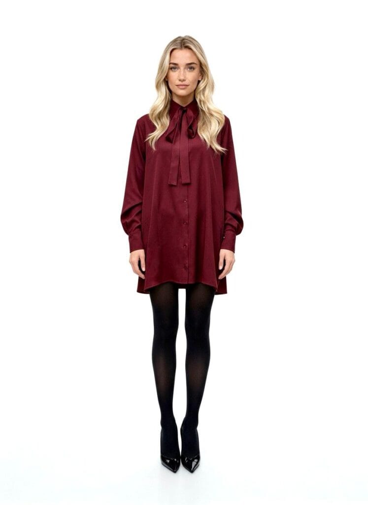 sukienka koszulowa burgundowa noore BORDEAUX z kokardą pod szyją, tkanina twill, długość przed kolano.