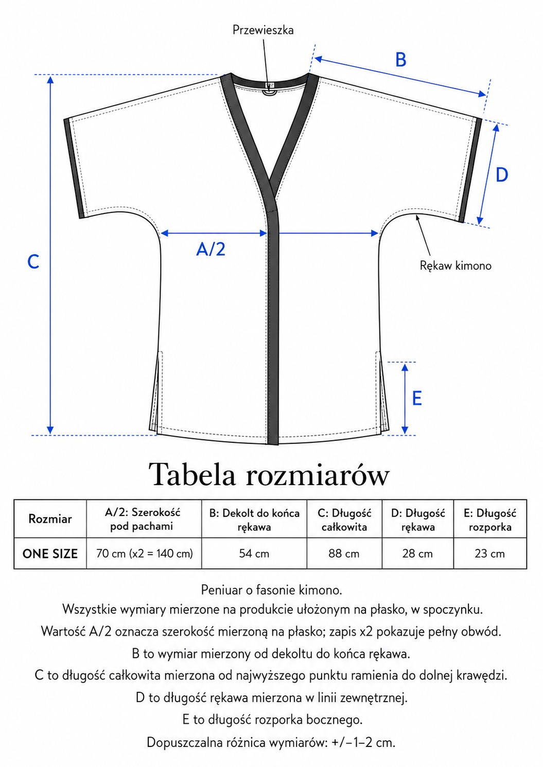 Tabela rozmiarów peniuaru kimono NOORE z wymiarami szerokości, rękawa i długości