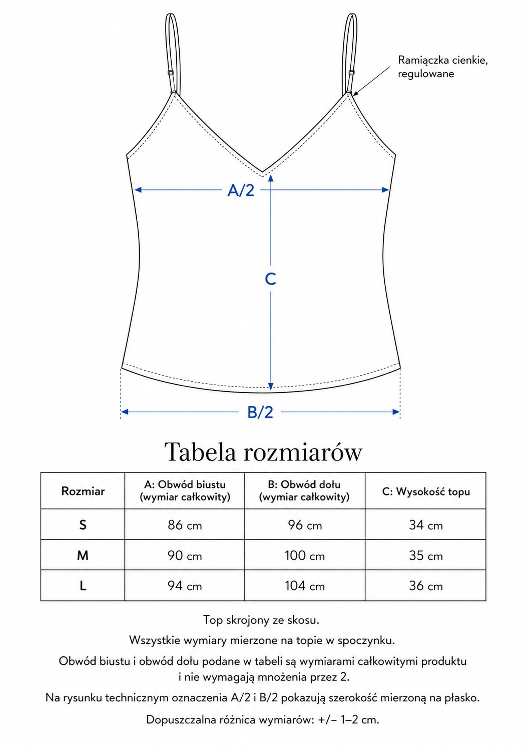 Tabela rozmiarów topu satynowego NOORE z wymiarami biustu, dołu i wysokości